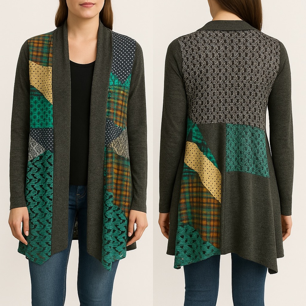 RADZOLI Open Front Cardigan Size Small Petite Asymmetrical‎ Patchwork Artsy Boho
